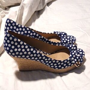 Tory Burch Navy and White Polka Dot Wedges